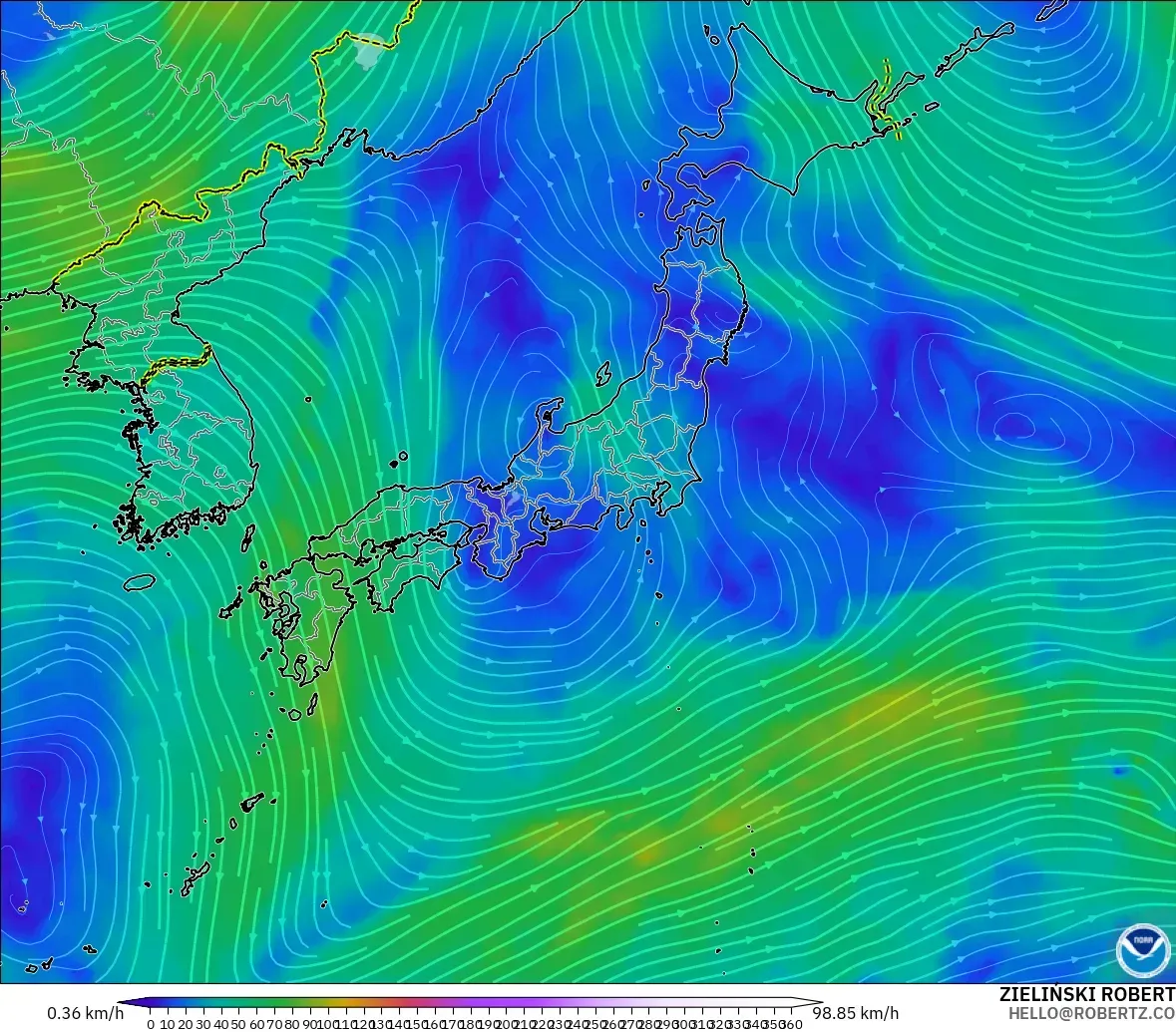 GFS modelo - Japón, Viento a 300 hPa (corriente en chorro)