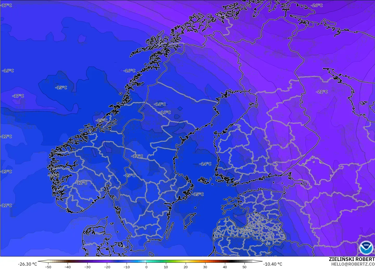 GFS modelo - Escandinavia, Temperatura a 500 hPa
