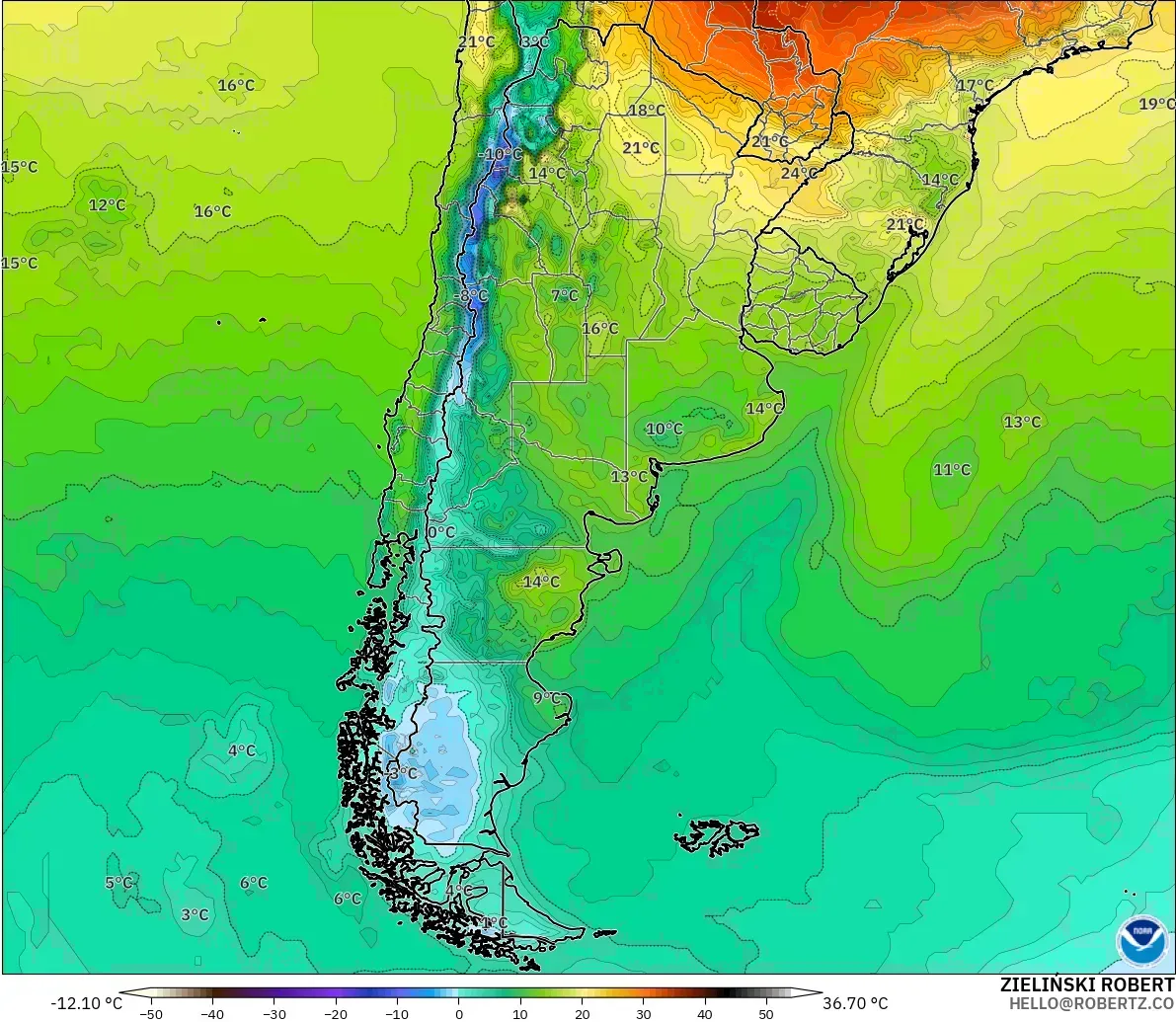 GFS modelo - Argentina, Temperatura a 2 m