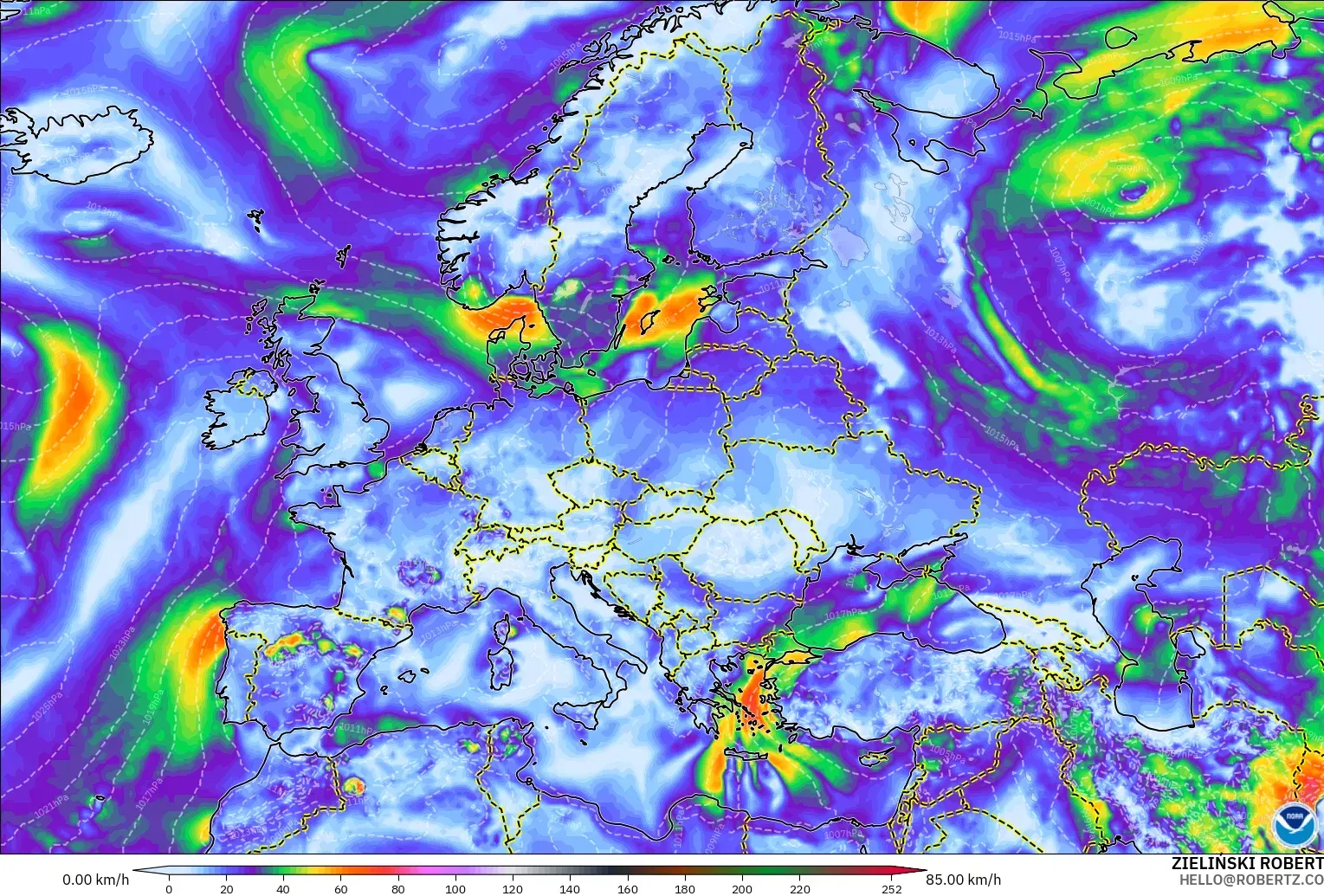 GFS modelo - Europa, Ráfagas de Viento Máximas
