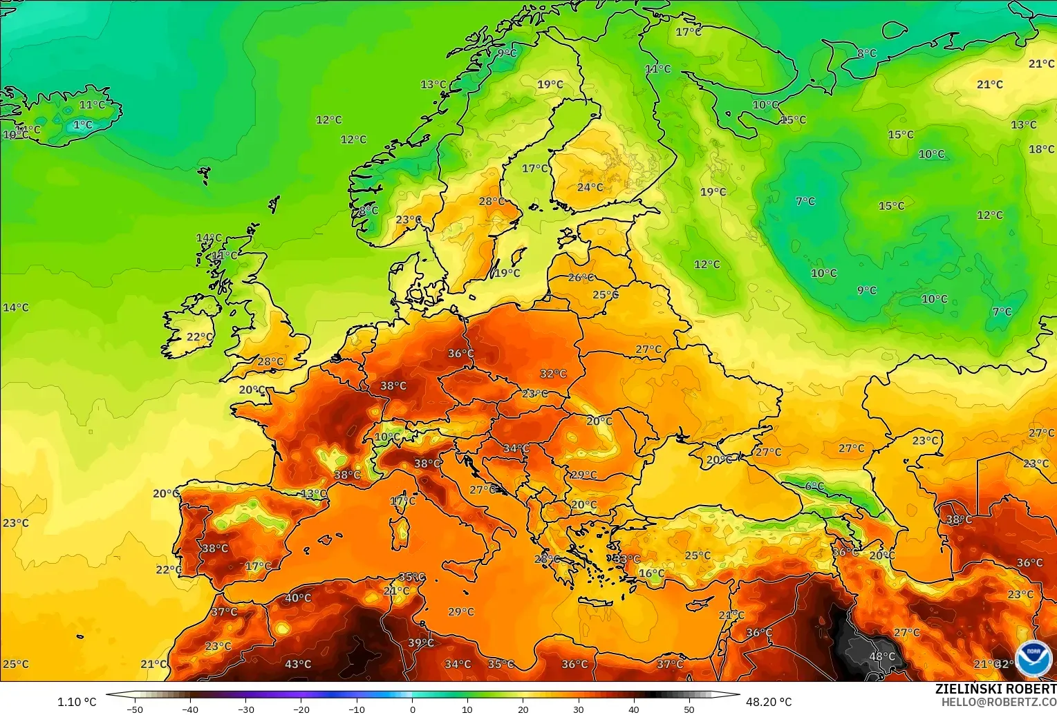 GFS modelo - Europa, Temperatura a 2 m