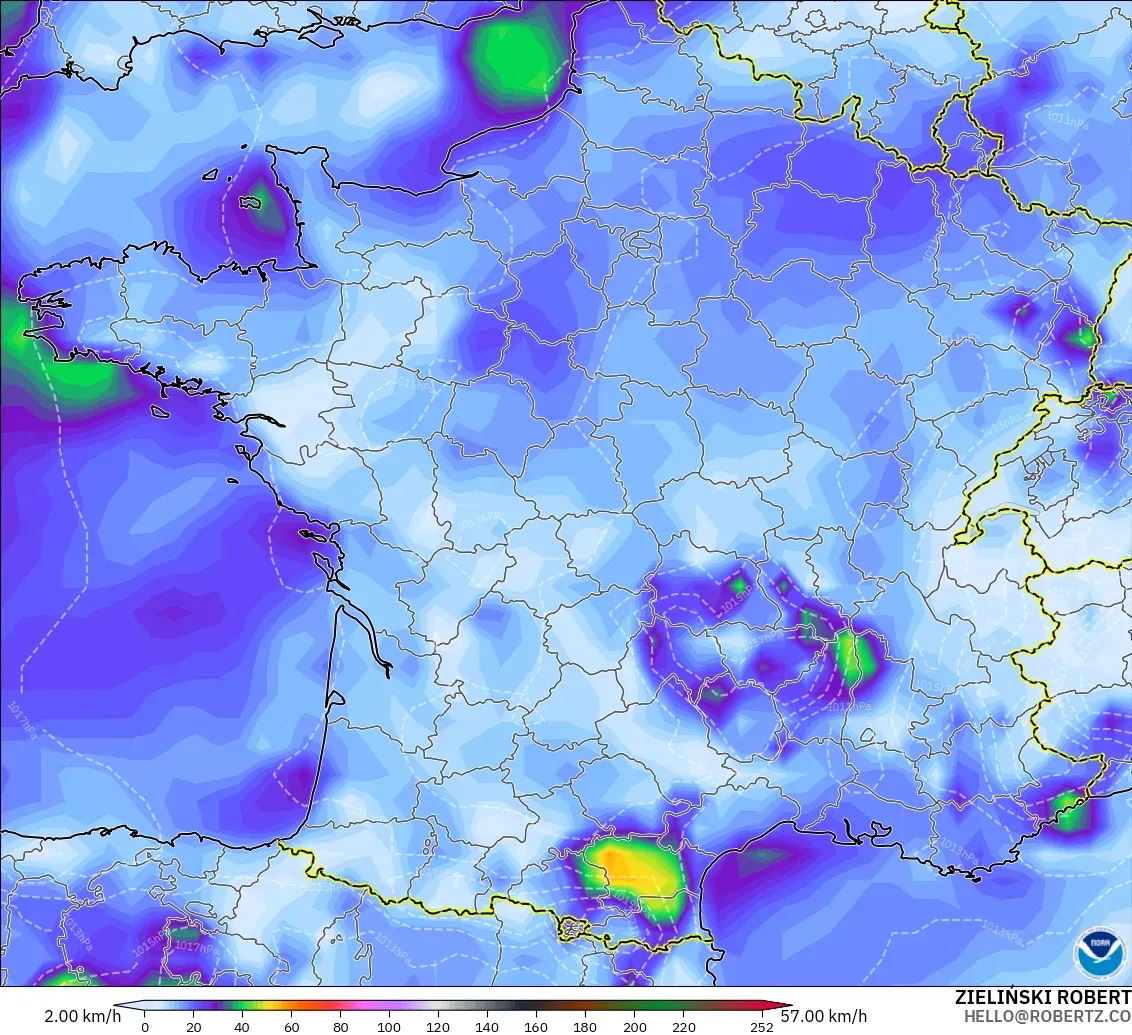 GFS modelo - Francia, Ráfagas de Viento Máximas