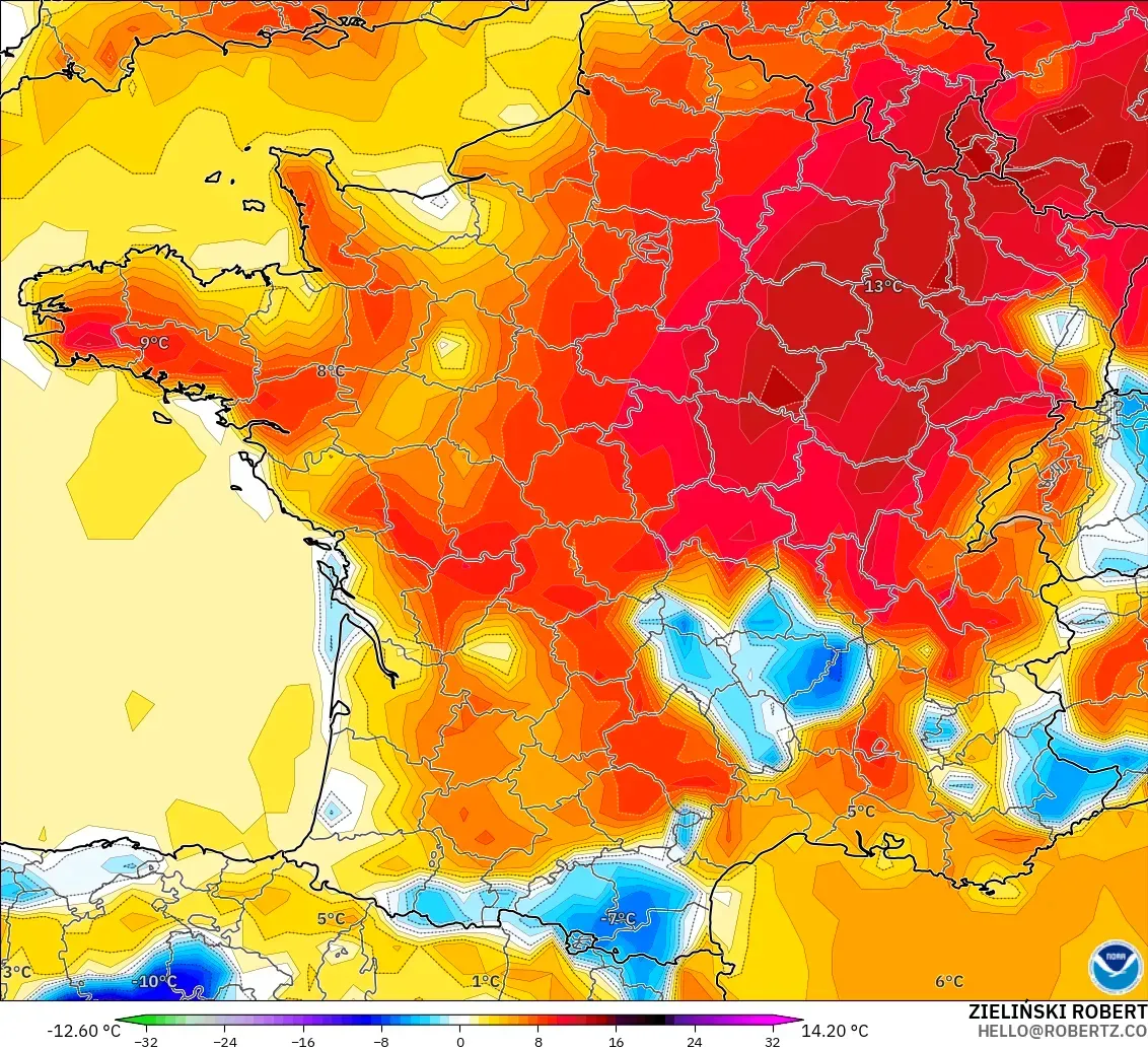 GFS modelo - Francia, Anomalía de temperatura a 2 m