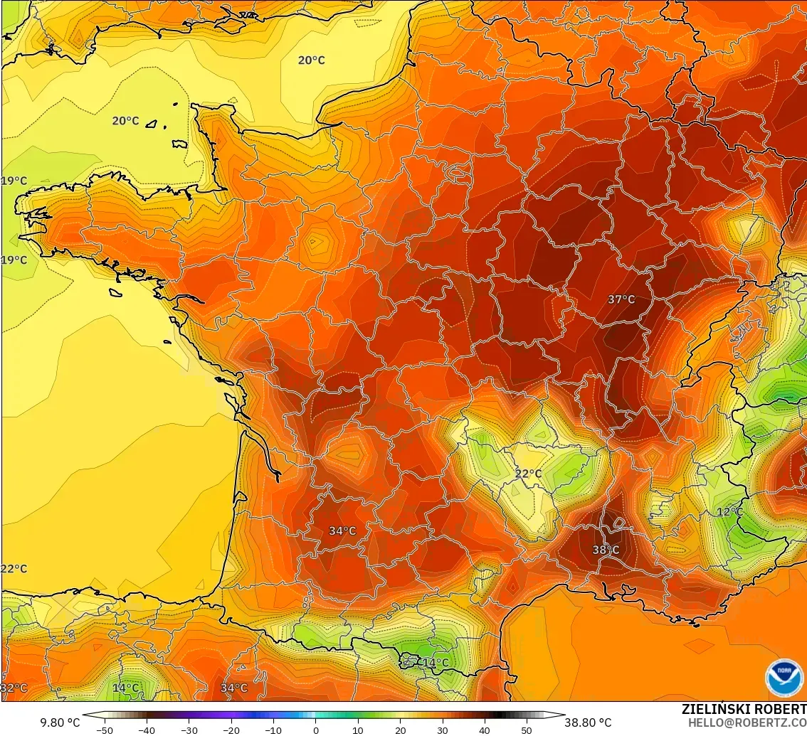 GFS modelo - Francia, Temperatura a 2 m