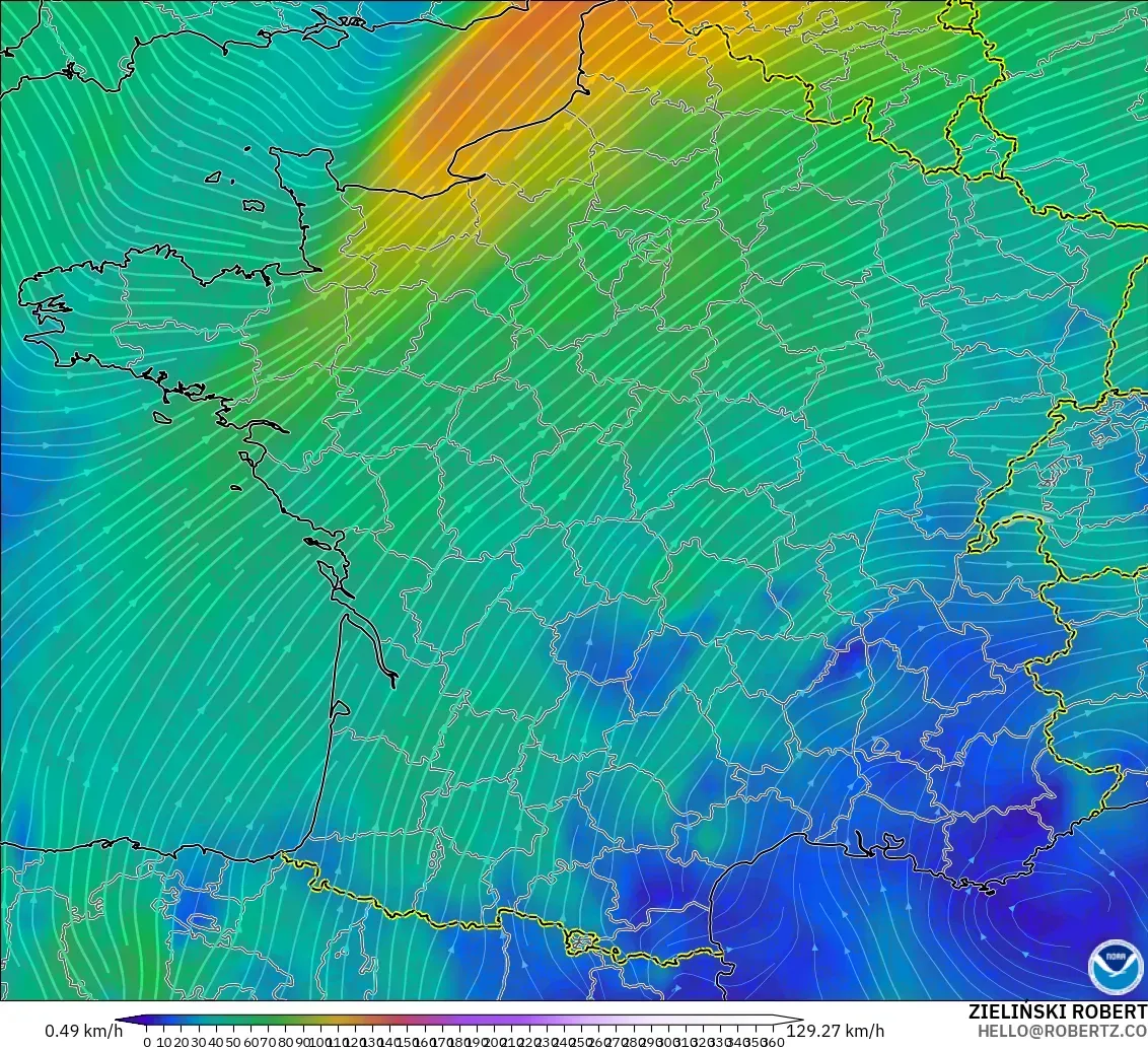 GFS modelo - Francia, Viento a 300 hPa (corriente en chorro)