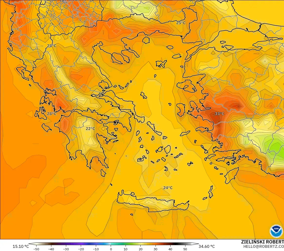 GFS modelo - Grecia, Temperatura a 2 m