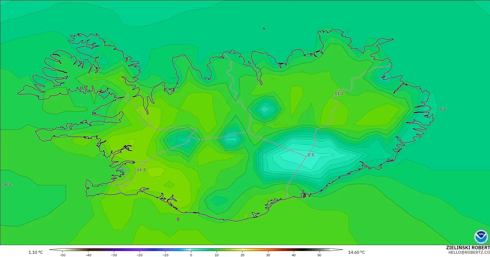 GFS modelo - Islandia, Temperatura a 2 m
