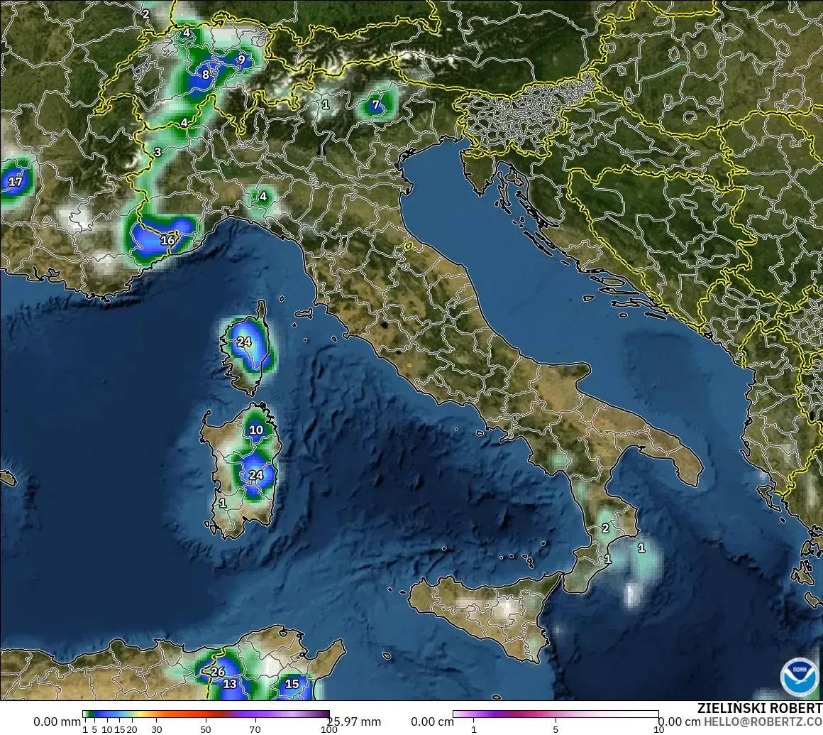GFS modelo - Italia, Precipitación, nubes y presión