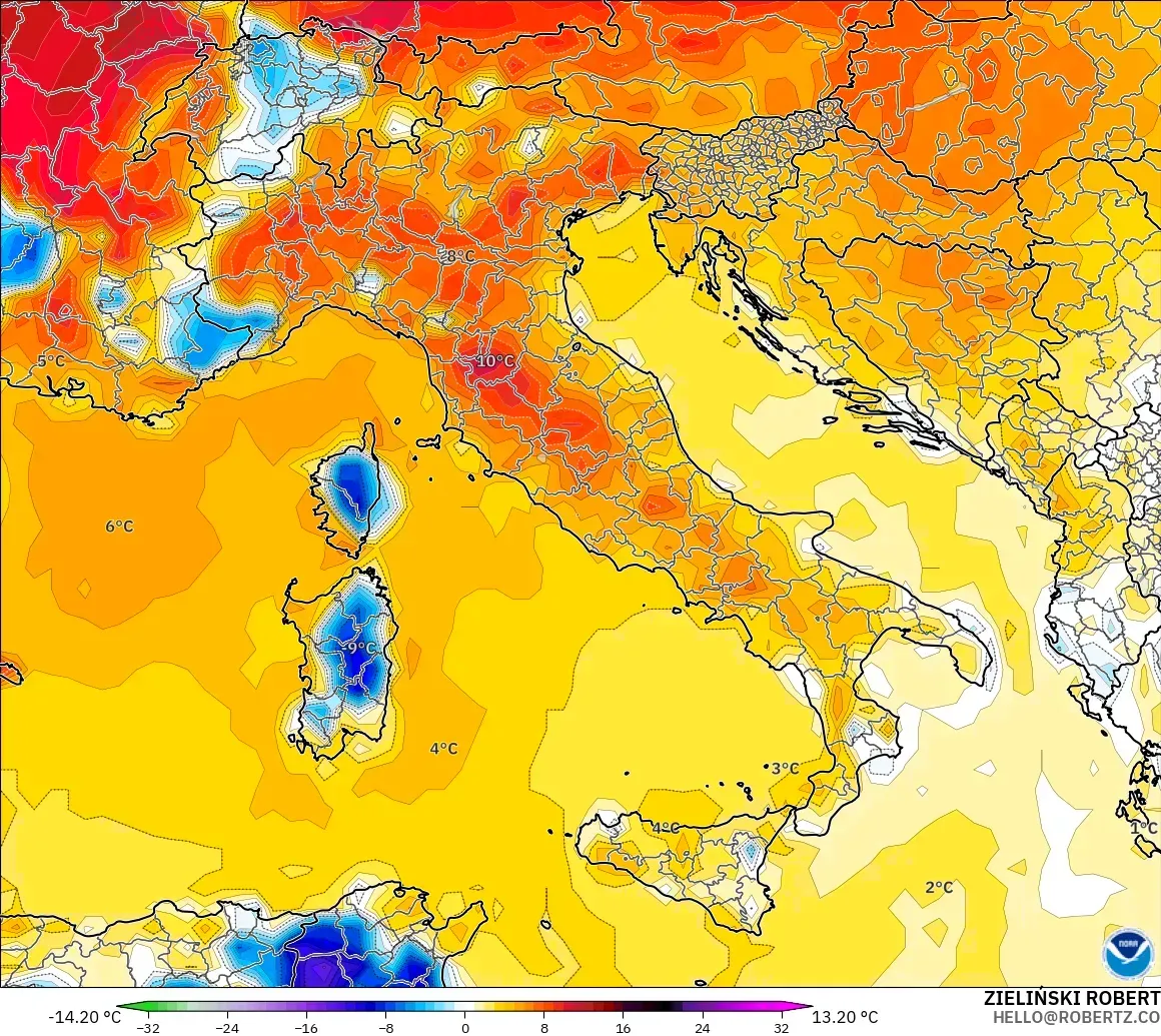 GFS modelo - Italia, Anomalía de temperatura a 2 m