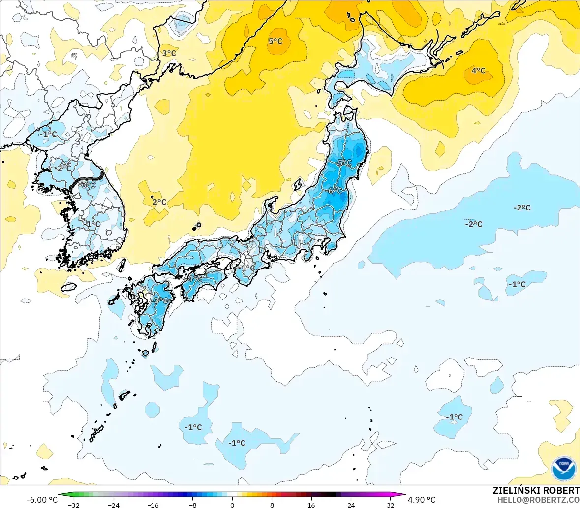 GFS modelo - Japón, Anomalía de temperatura a 2 m