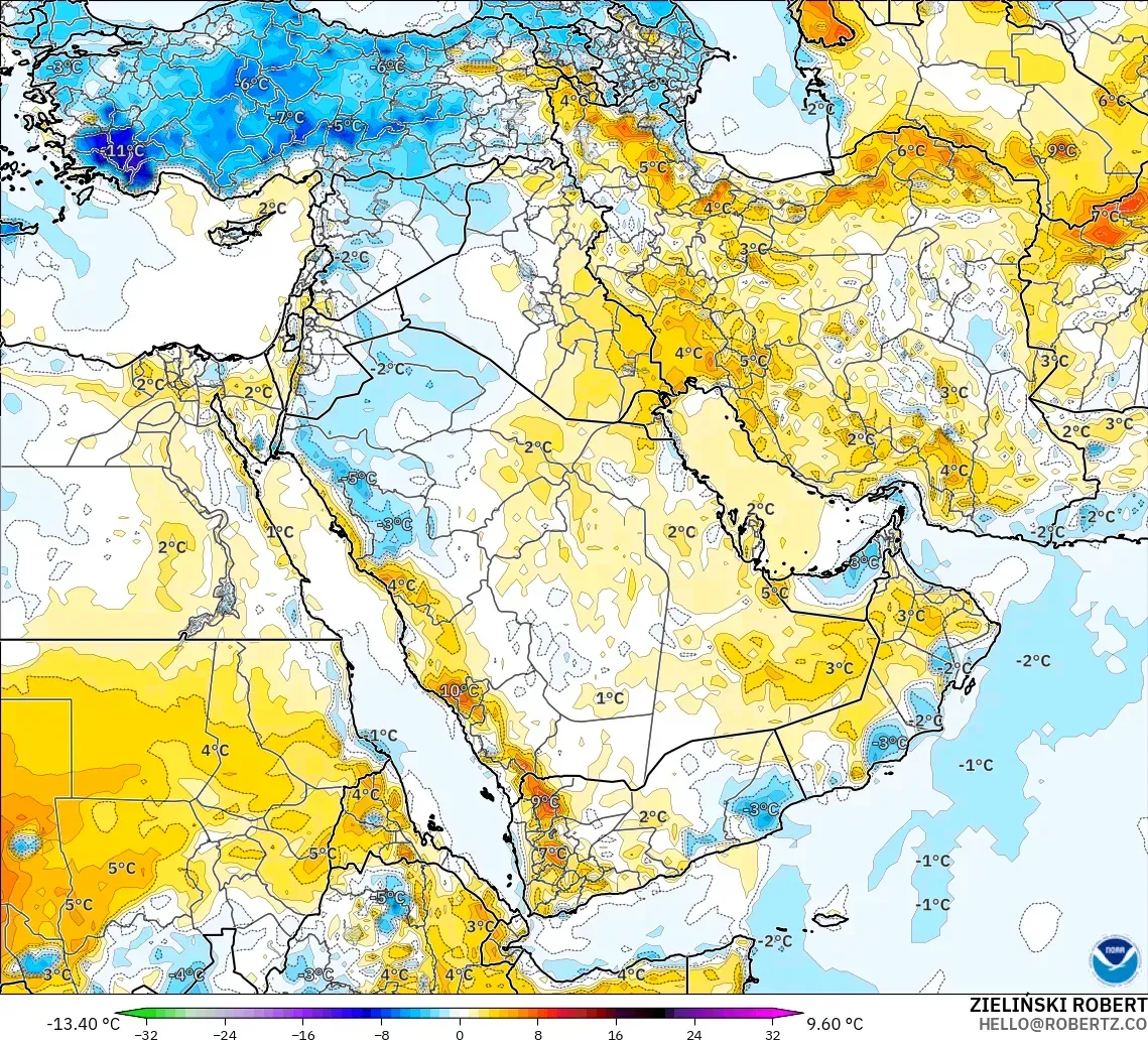 GFS modelo - Oriente Medio, Anomalía de temperatura a 2 m