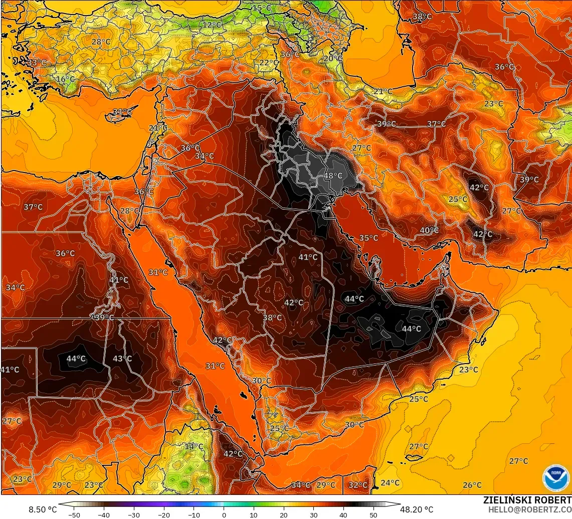 GFS modelo - Oriente Medio, Temperatura a 2 m