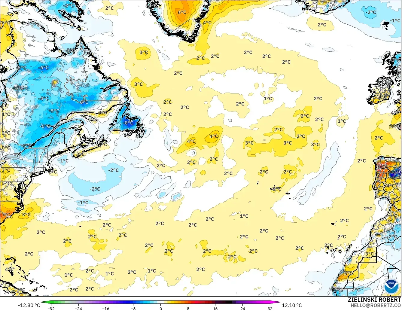GFS modelo - Norte Atlántico, Anomalía de temperatura a 2 m