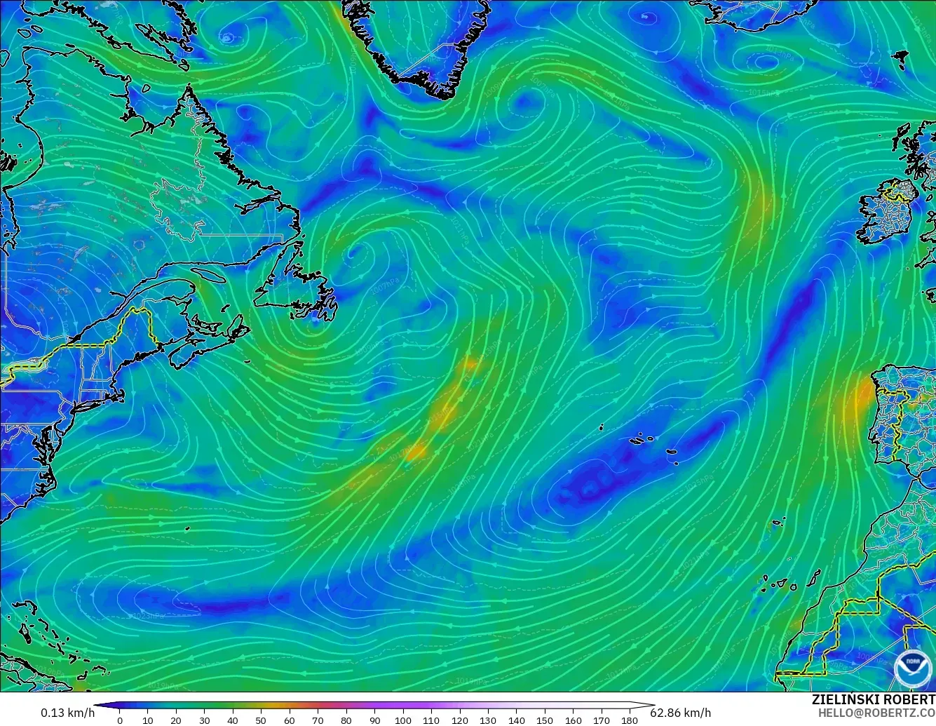 GFS modelo - Norte Atlántico, Viento a 10 m