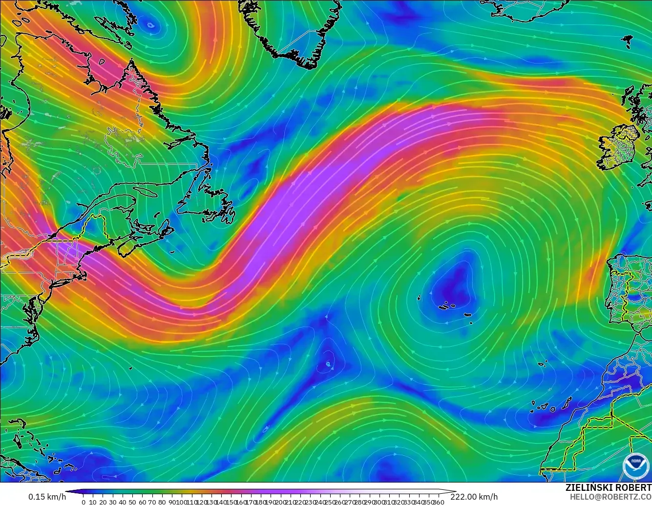 GFS modelo - Norte Atlántico, Viento a 300 hPa (corriente en chorro)