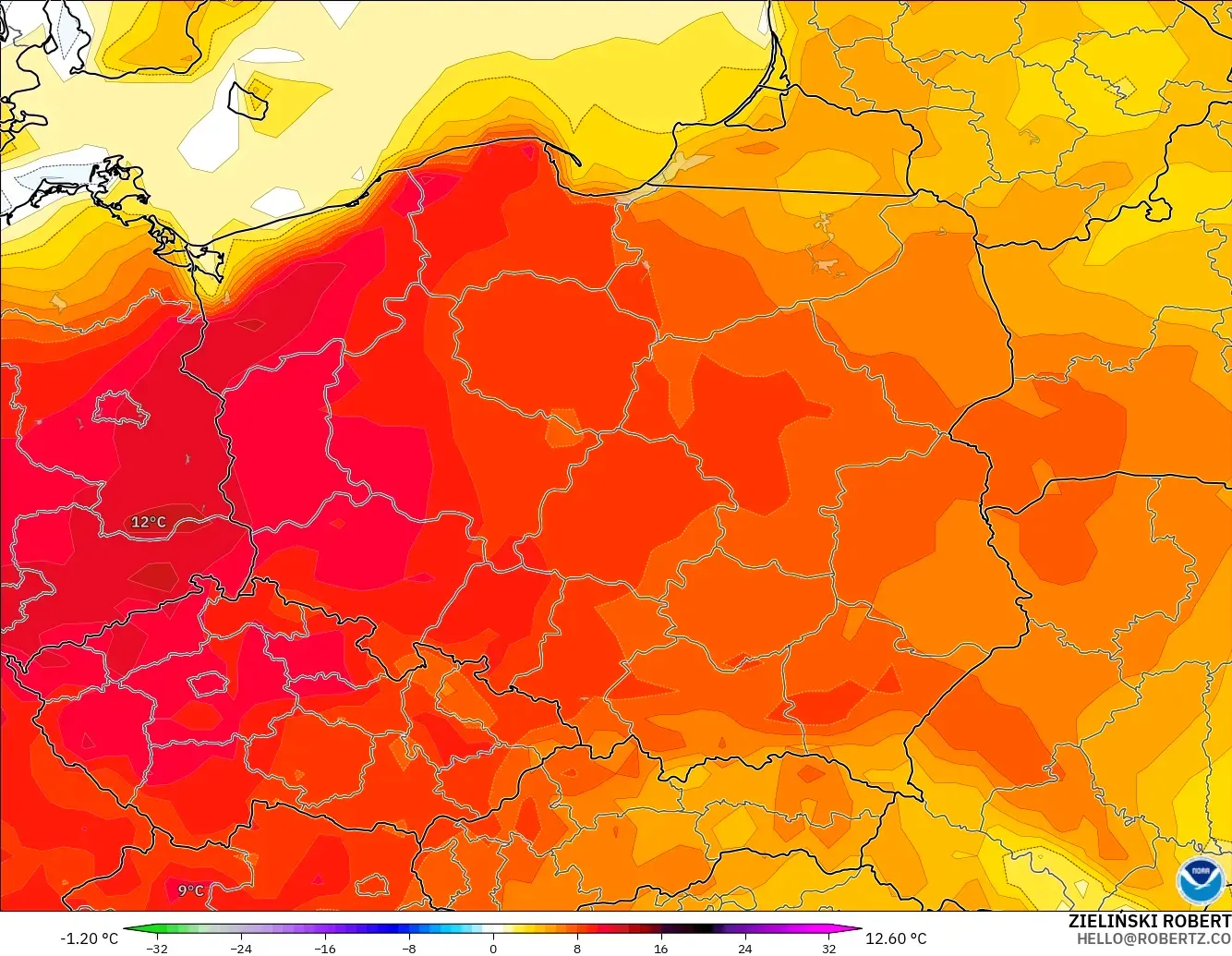 GFS modelo - Polonia, Anomalía de temperatura a 2 m