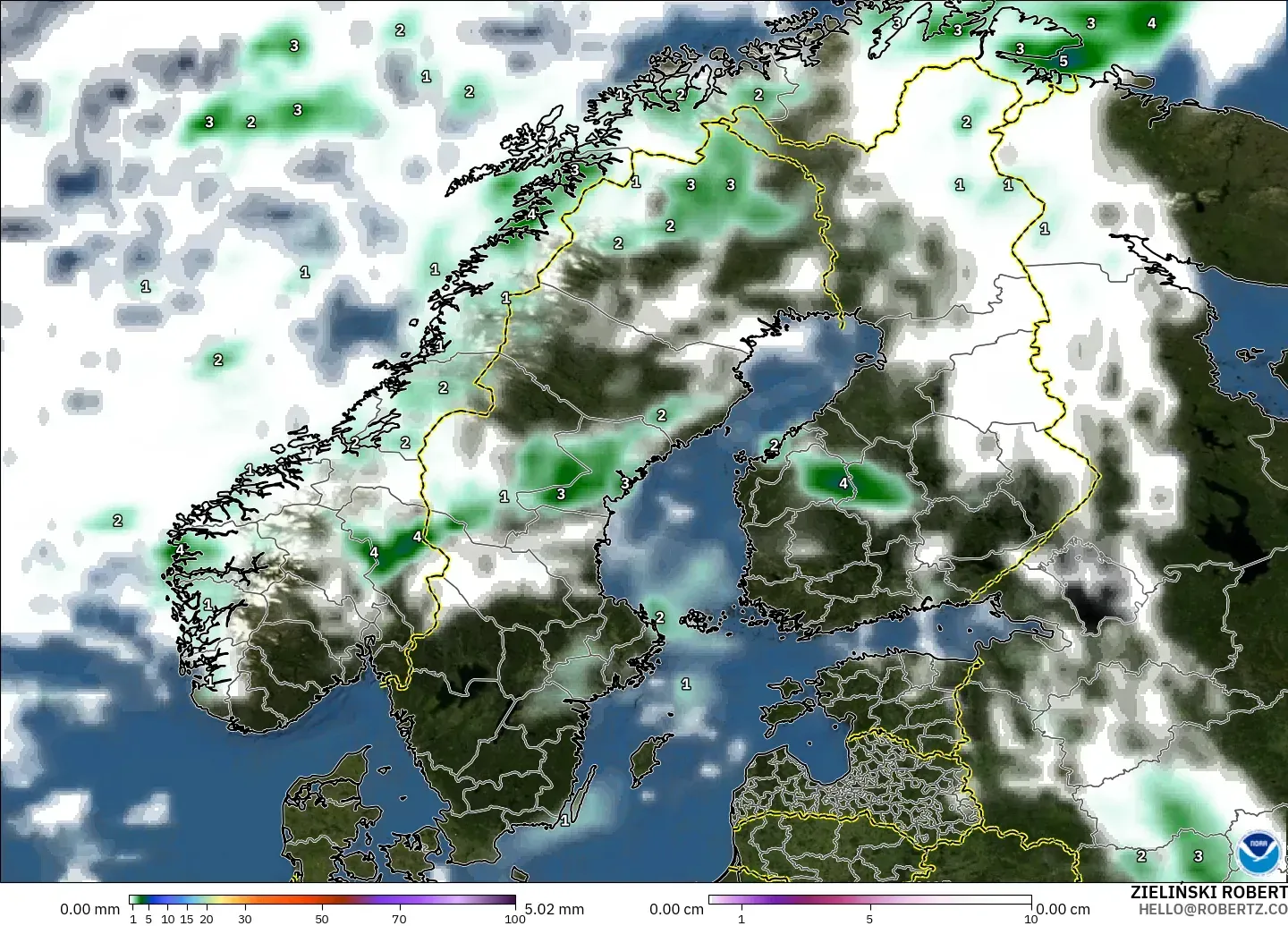 GFS modelo - Escandinavia, Precipitación, nubes y presión
