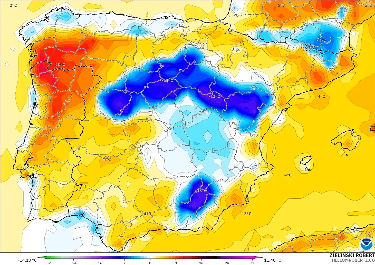 GFS modelo - España, Anomalía de temperatura a 2 m