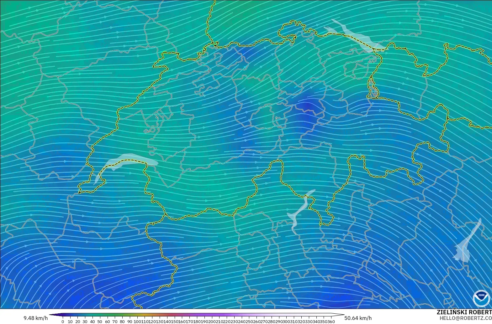 GFS modelo - Suiza, Viento a 300 hPa (corriente en chorro)