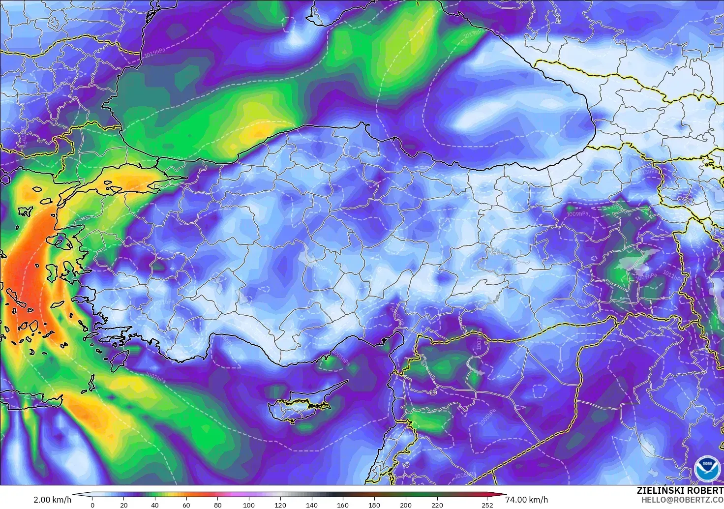 GFS modelo - Turquía, Ráfagas de Viento Máximas