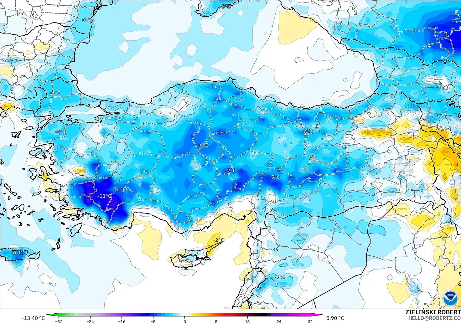 GFS modelo - Turquía, Anomalía de temperatura a 2 m