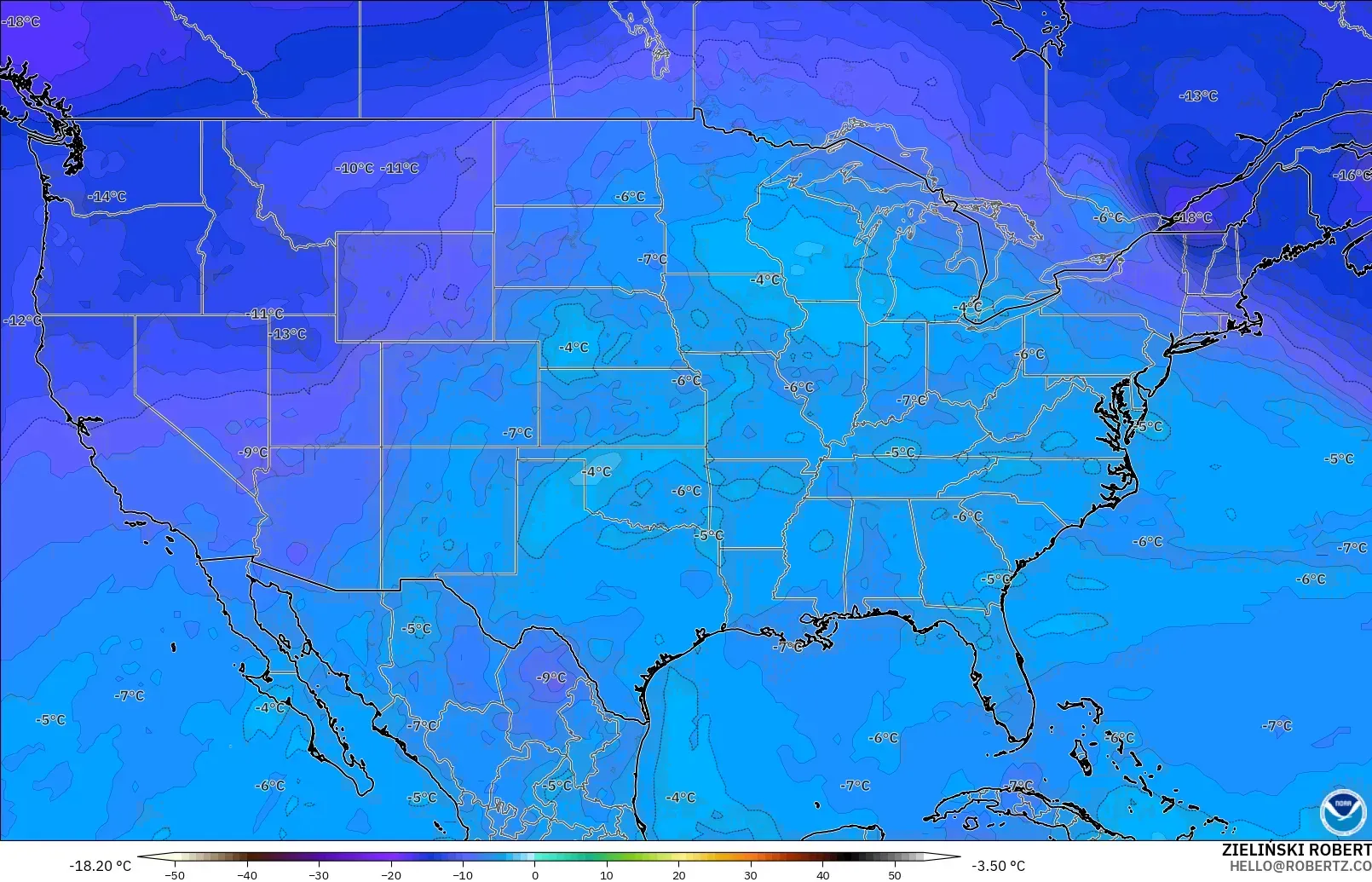 GFS modelo - Estados Unidos, Temperatura a 500 hPa