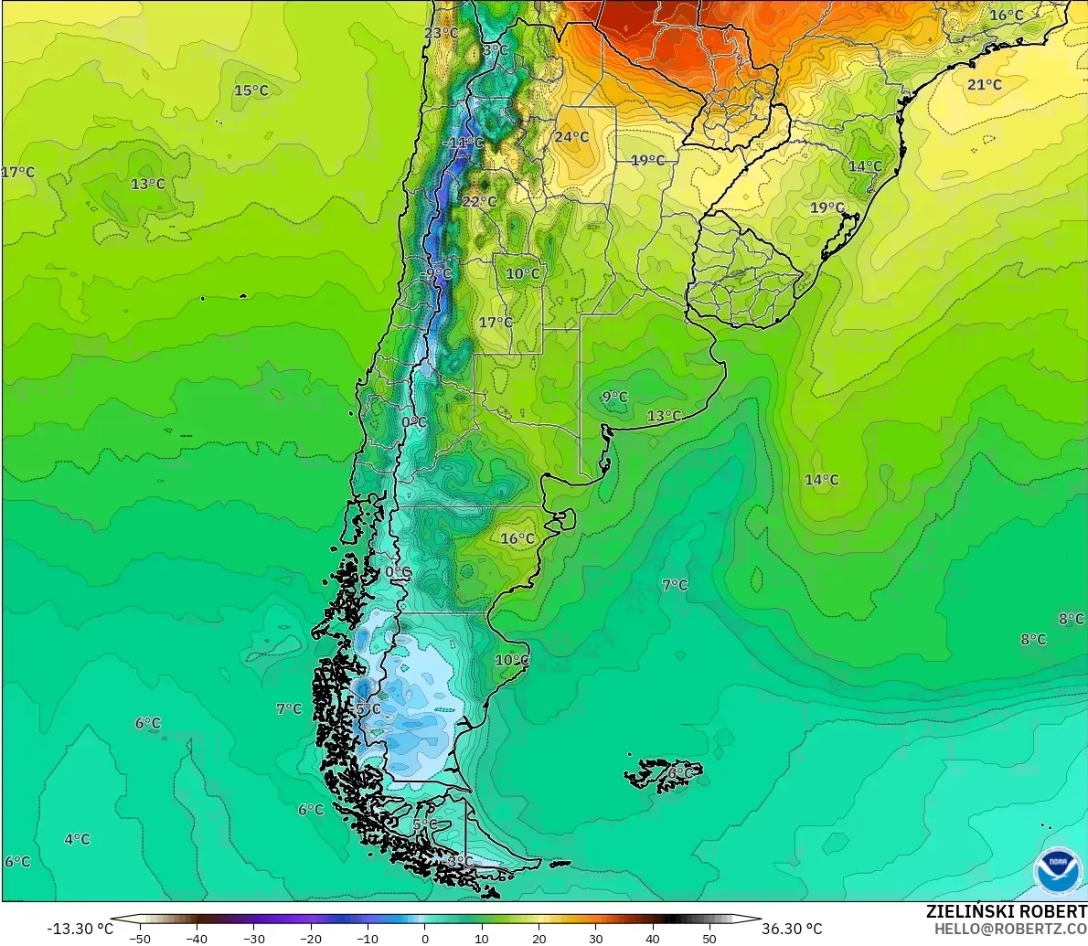 GFS modelo - Argentina, Temperatura a 2 m