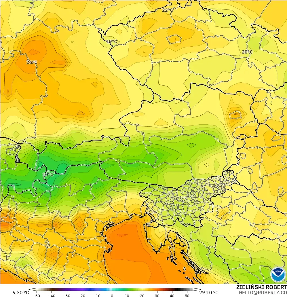 GFS modelo - Austria, Temperatura a 2 m