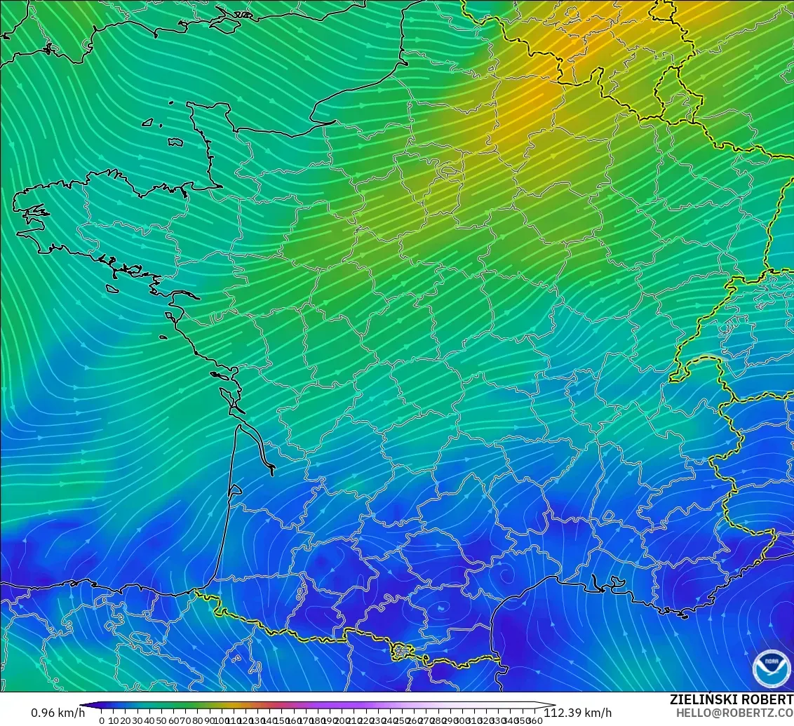 GFS modelo - Francia, Viento a 300 hPa (corriente en chorro)