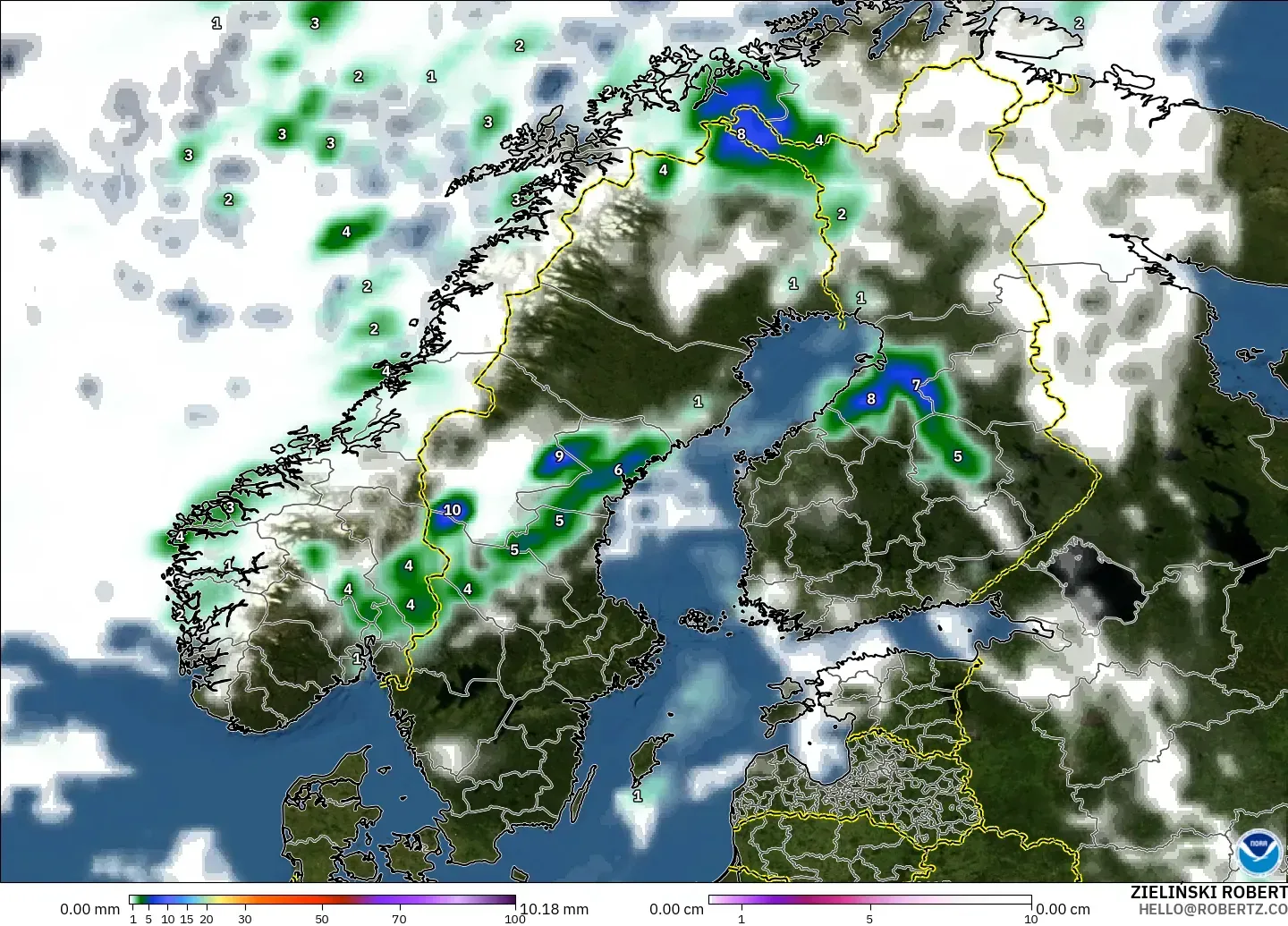 GFS modelo - Escandinavia, Precipitación, nubes y presión