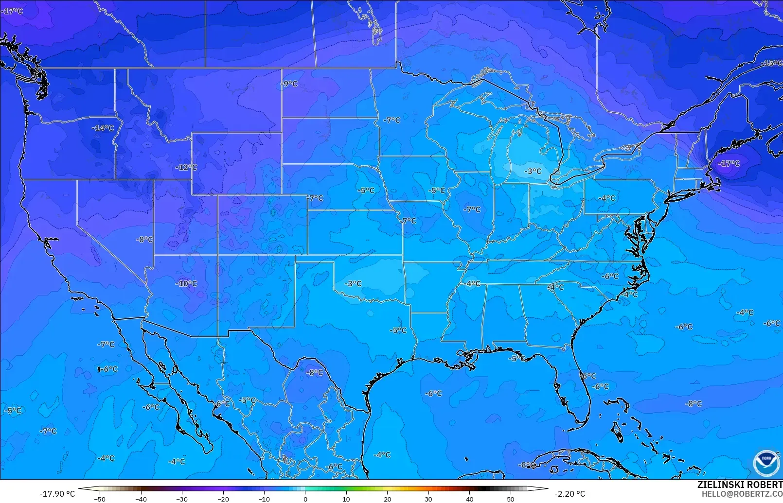 GFS modelo - Estados Unidos, Temperatura a 500 hPa