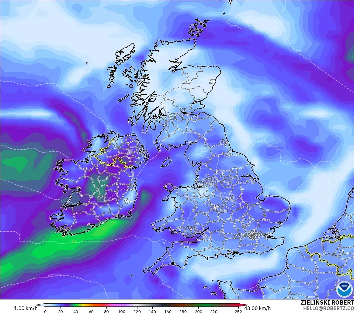 GFS modelo - Reino Unido, Ráfagas de Viento Máximas