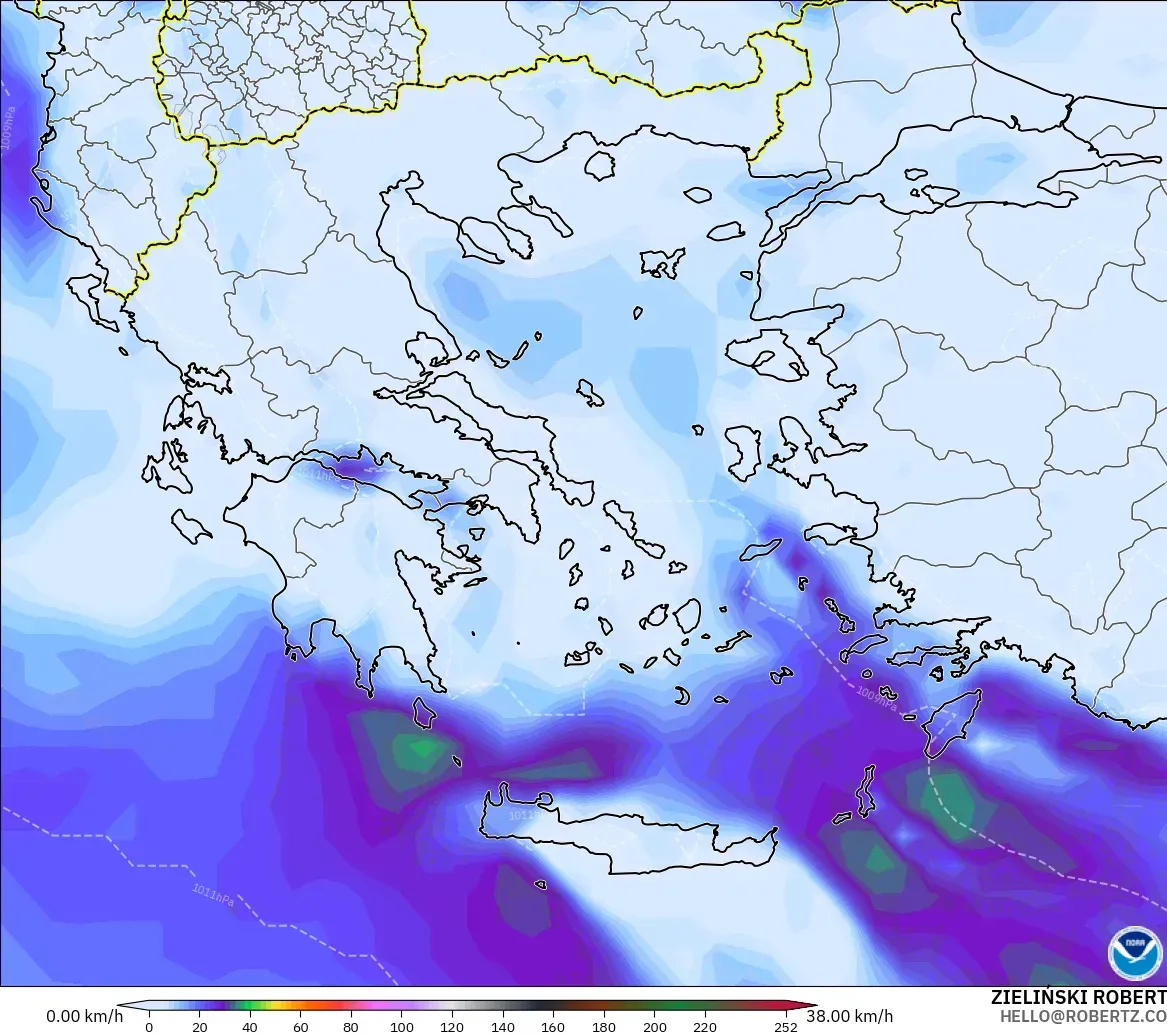 GFS modelo - Grecia, Ráfagas de Viento Máximas