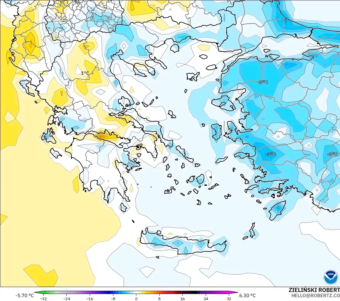 GFS modelo - Grecia, Anomalía de temperatura a 2 m