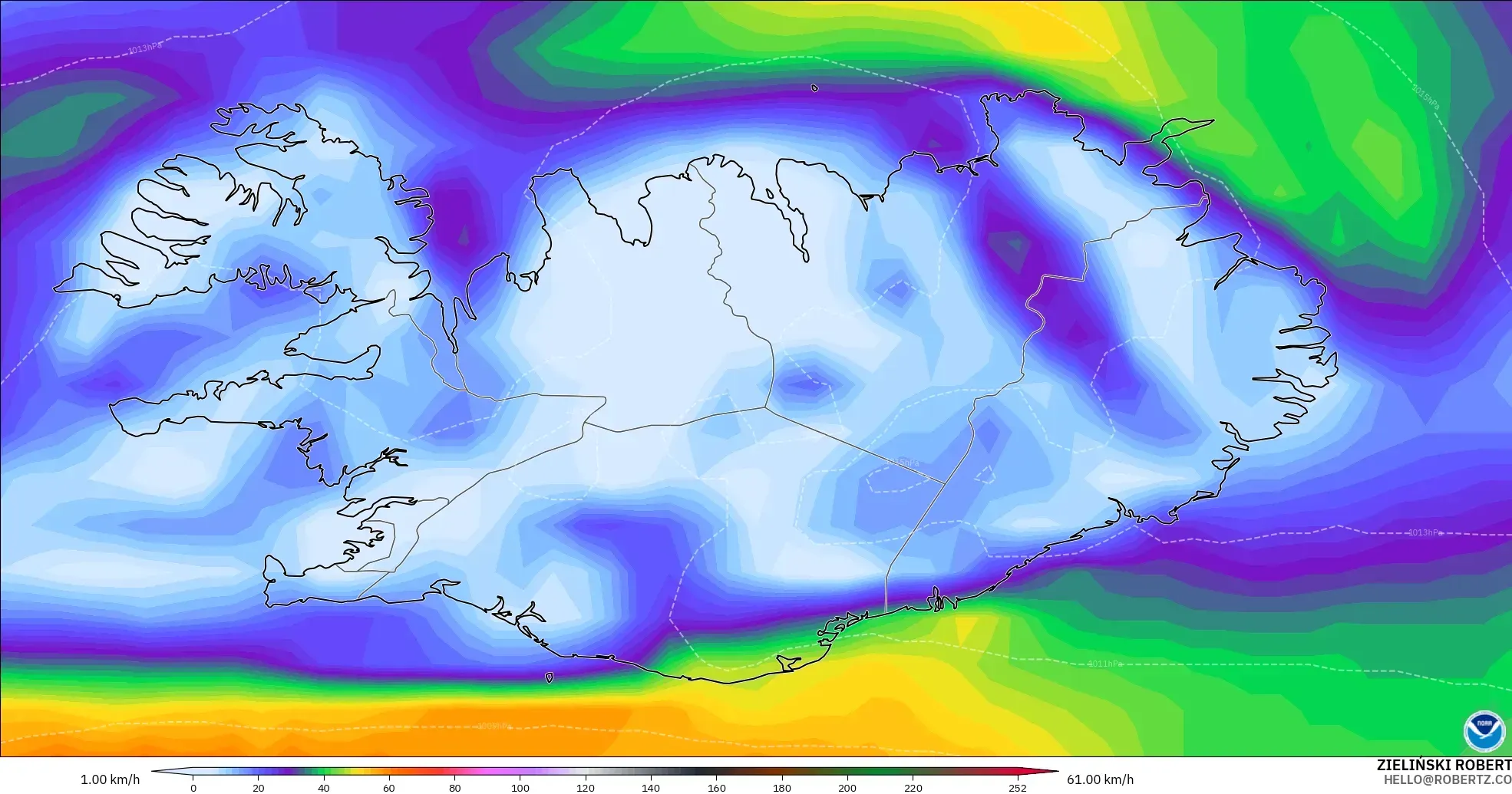 GFS modelo - Islandia, Ráfagas de Viento Máximas
