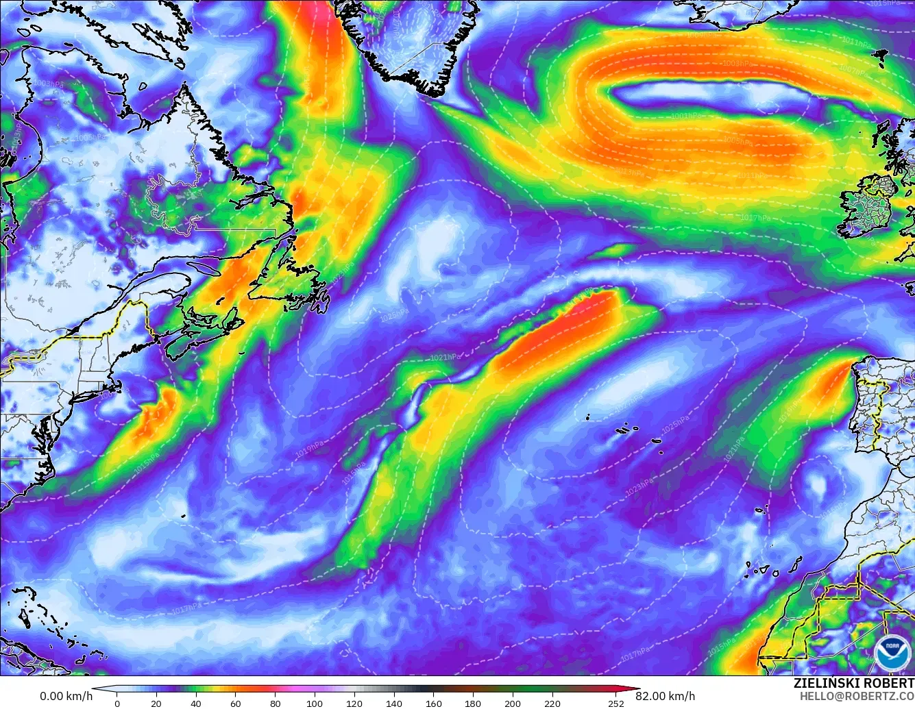 GFS modelo - Norte Atlántico, Ráfagas de Viento Máximas