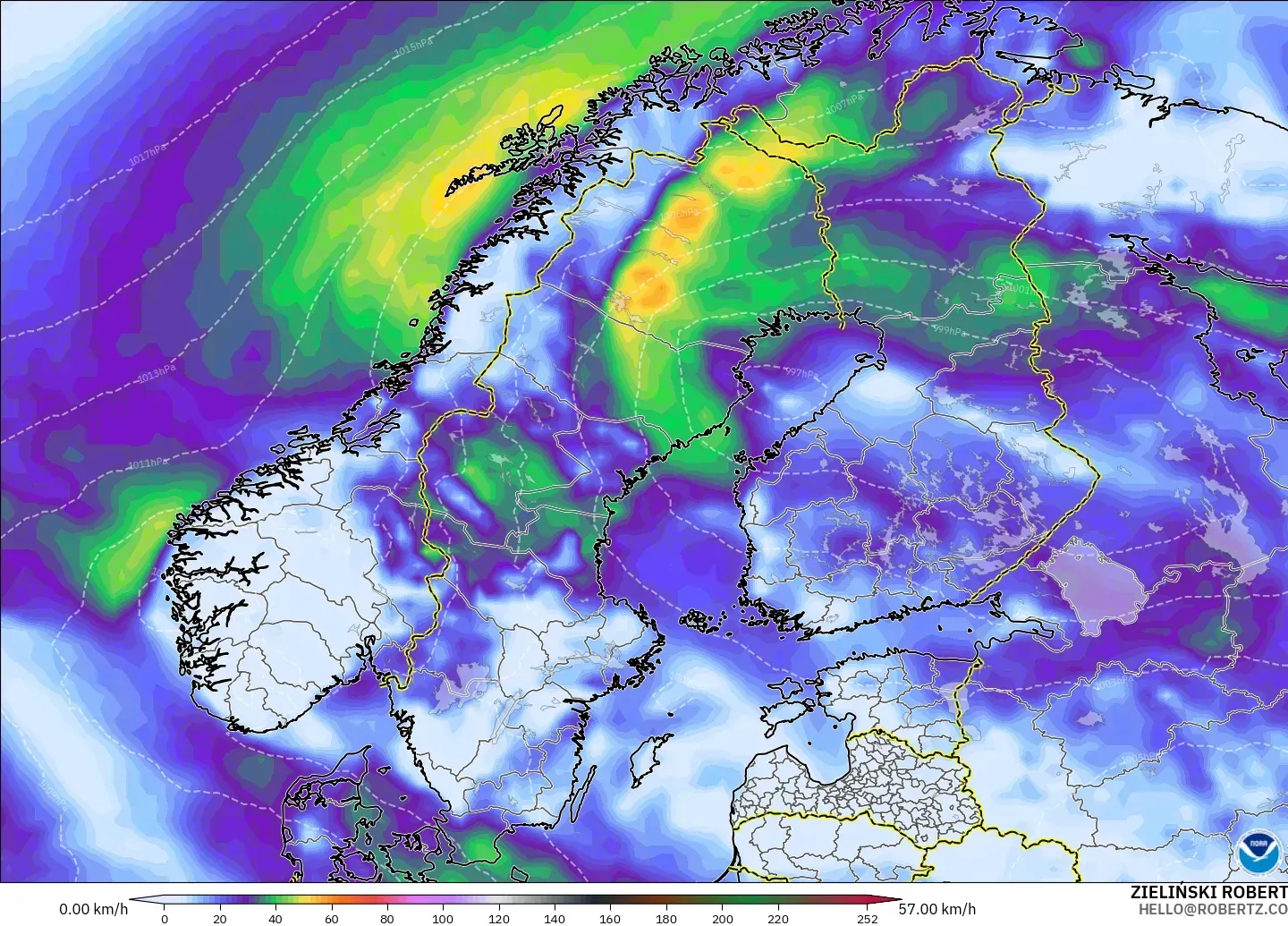 GFS modelo - Escandinavia, Ráfagas de Viento Máximas