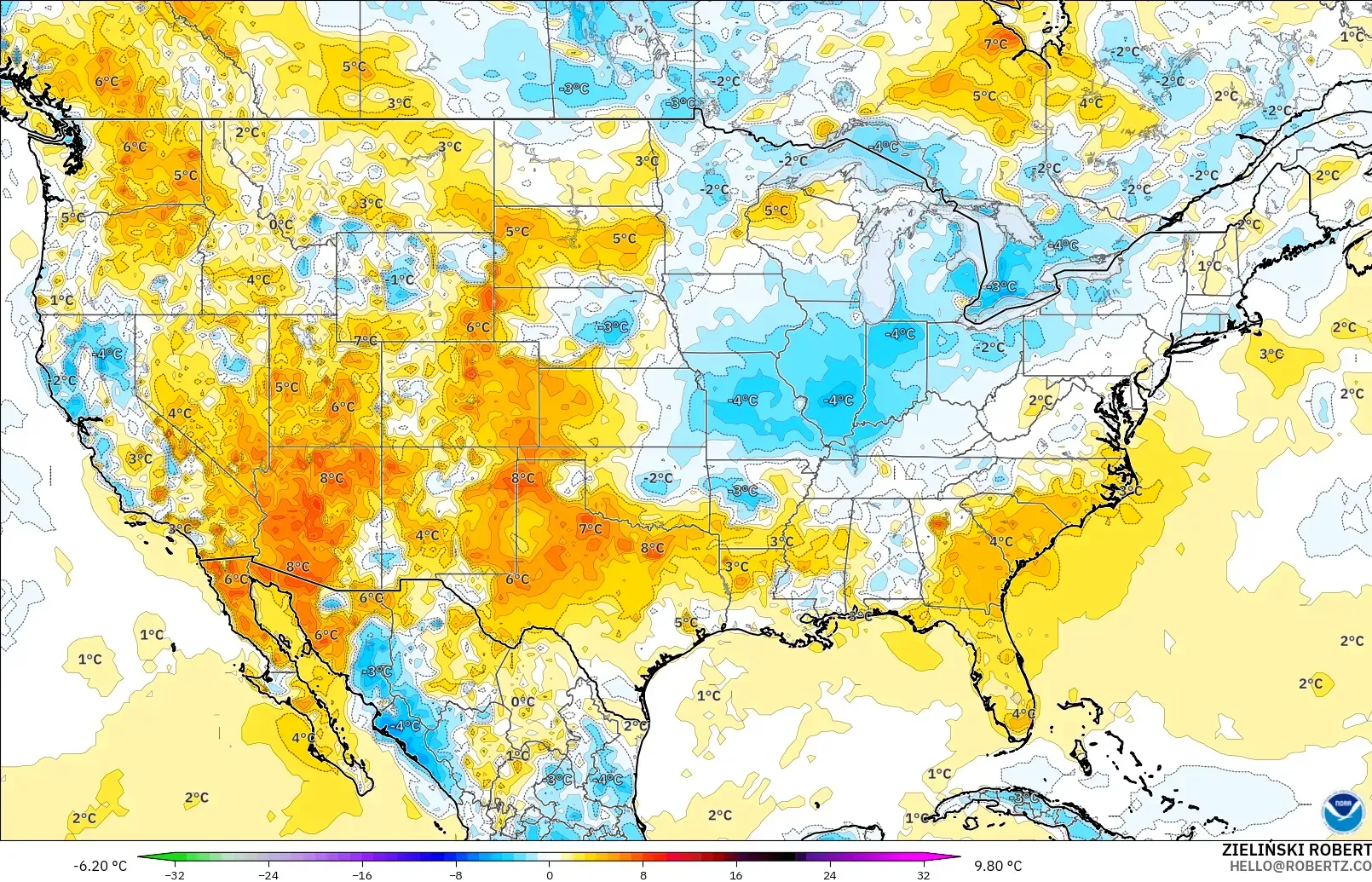 GFS modelo - Estados Unidos, Anomalía de temperatura a 2 m