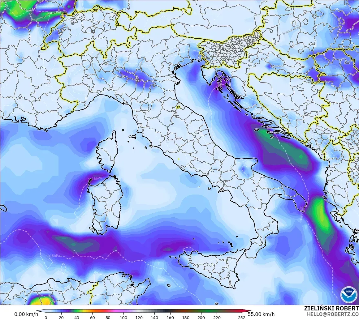 GFS modelo - Italia, Ráfagas de Viento Máximas