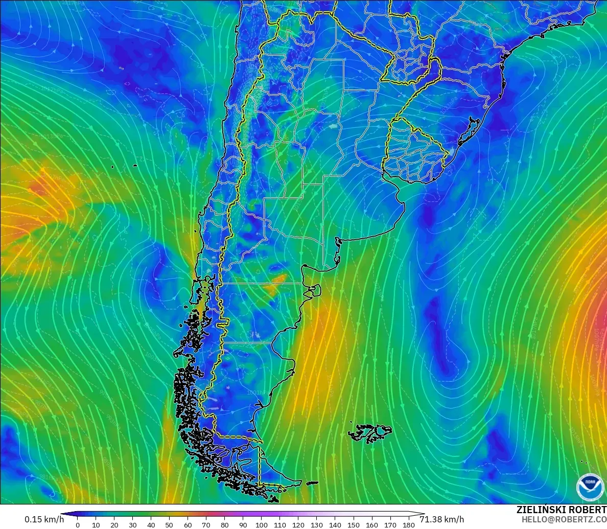 GFS modelo - Argentina, Viento a 10 m