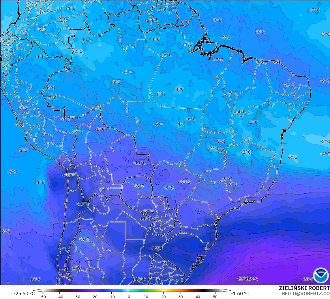 GFS modelo - Brasil, Temperatura a 500 hPa