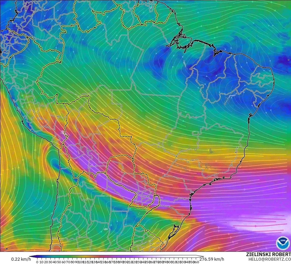 GFS modelo - Brasil, Viento a 300 hPa (corriente en chorro)