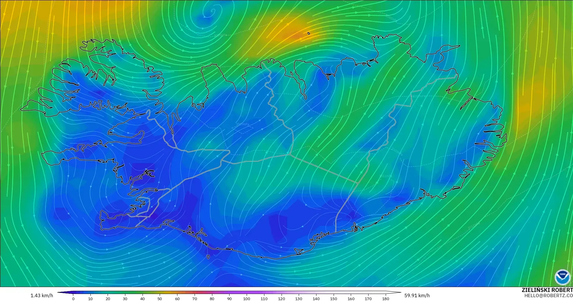 GFS modelo - Islandia, Viento a 10 m