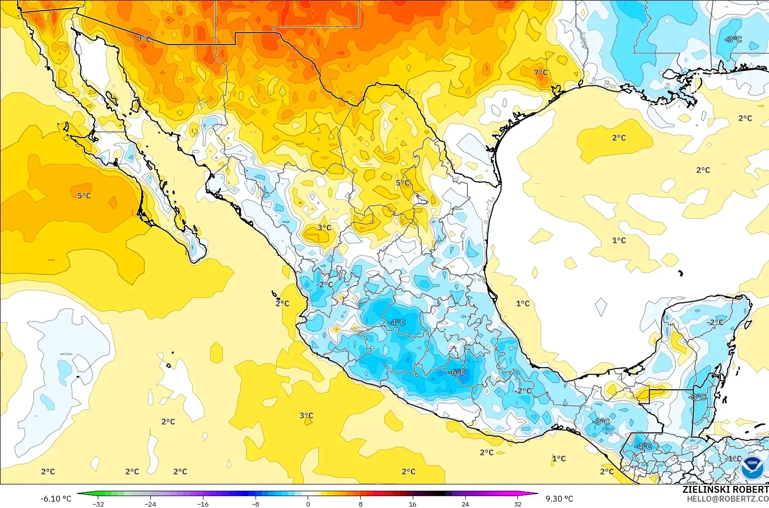 GFS modelo - México, Anomalía de temperatura a 2 m