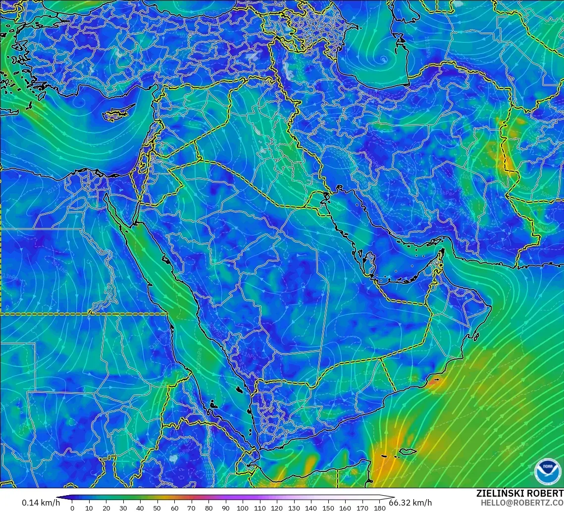 GFS modelo - Oriente Medio, Viento a 10 m