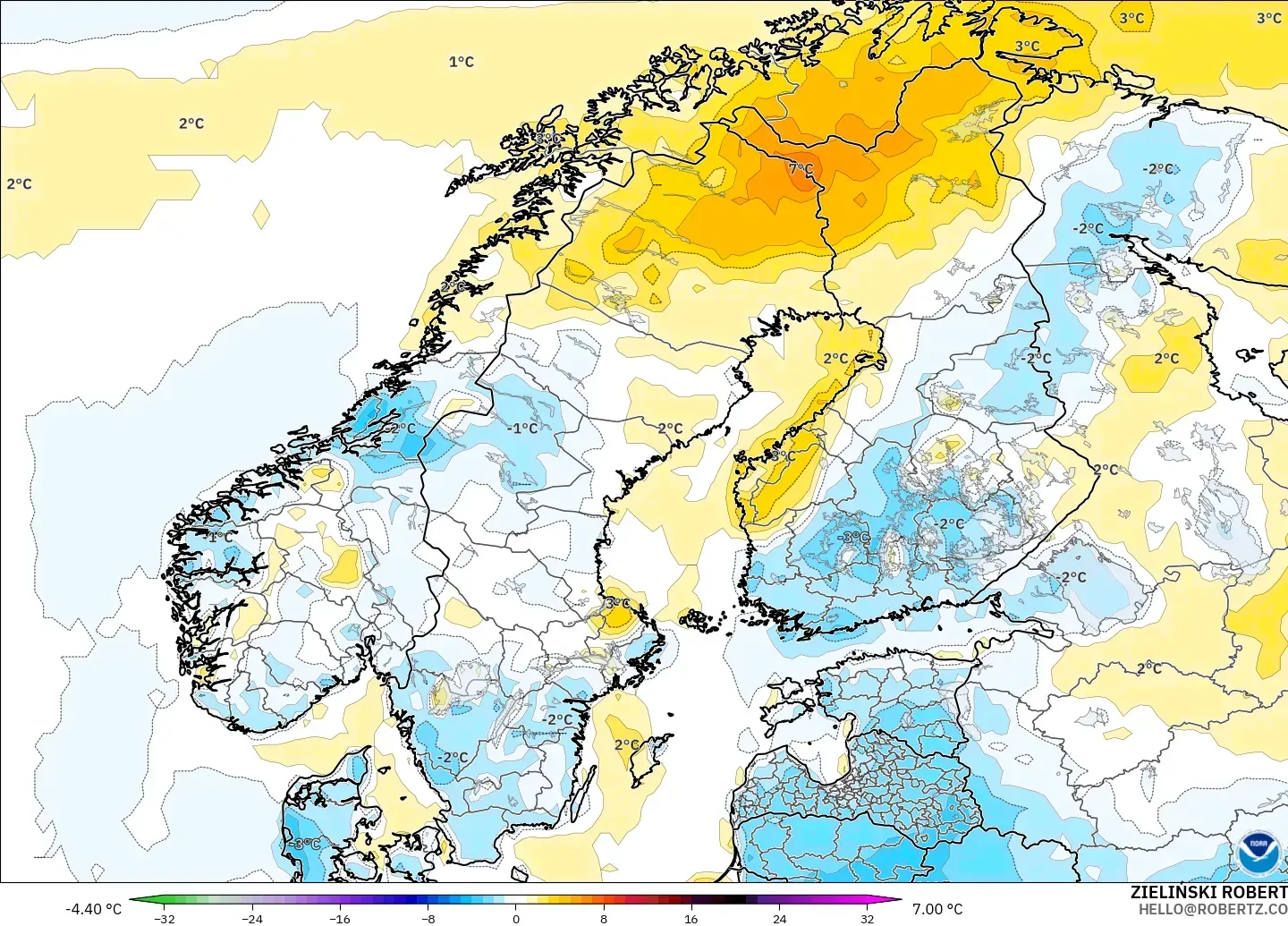 GFS modelo - Escandinavia, Anomalía de temperatura a 2 m
