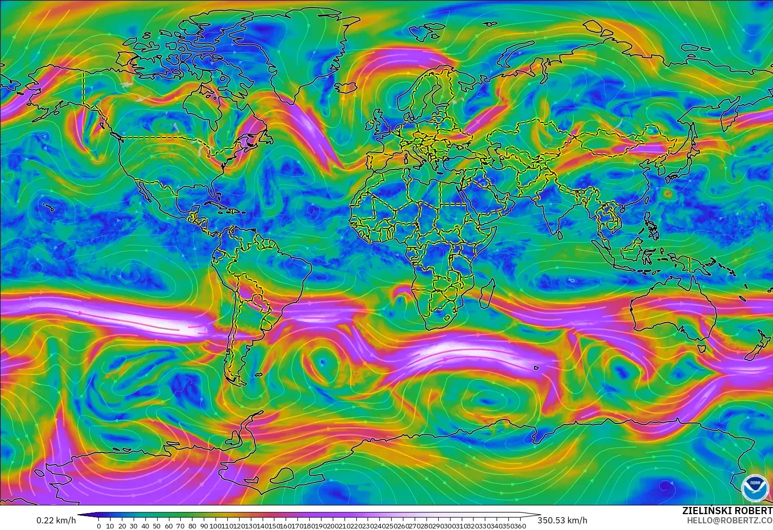 GFS modelo - Mundo, Viento a 300 hPa (corriente en chorro)