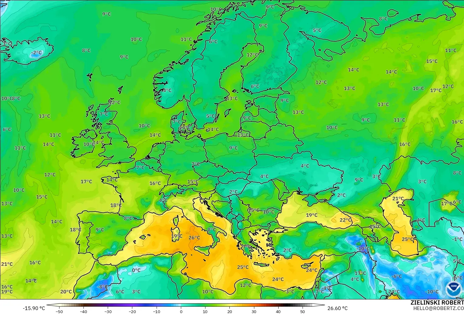 GFS modelo - Europa, Punto de rocío a 2 m