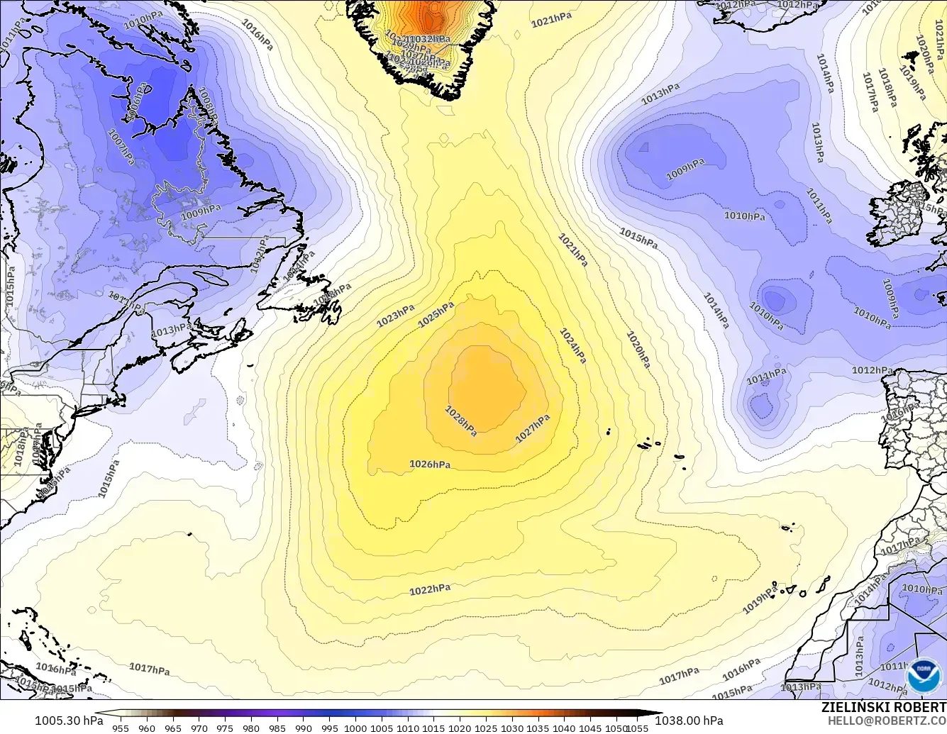 GFS modelo - Norte Atlántico, Presión