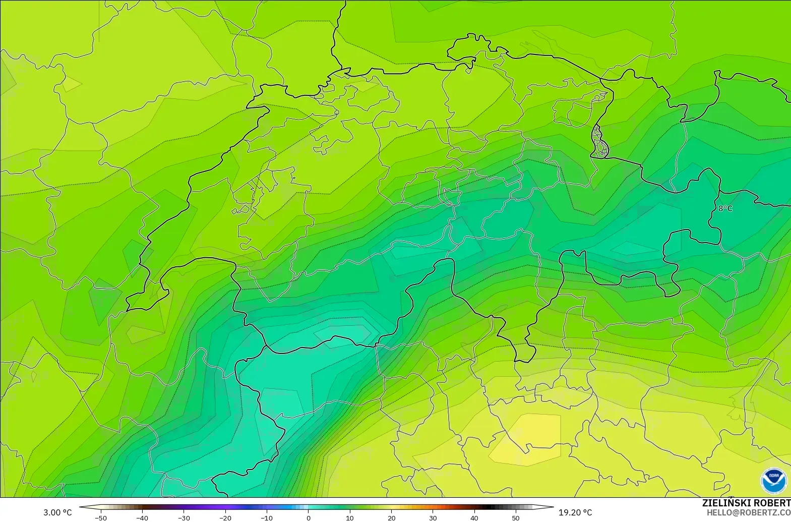 GFS modelo - Suiza, Punto de rocío a 2 m